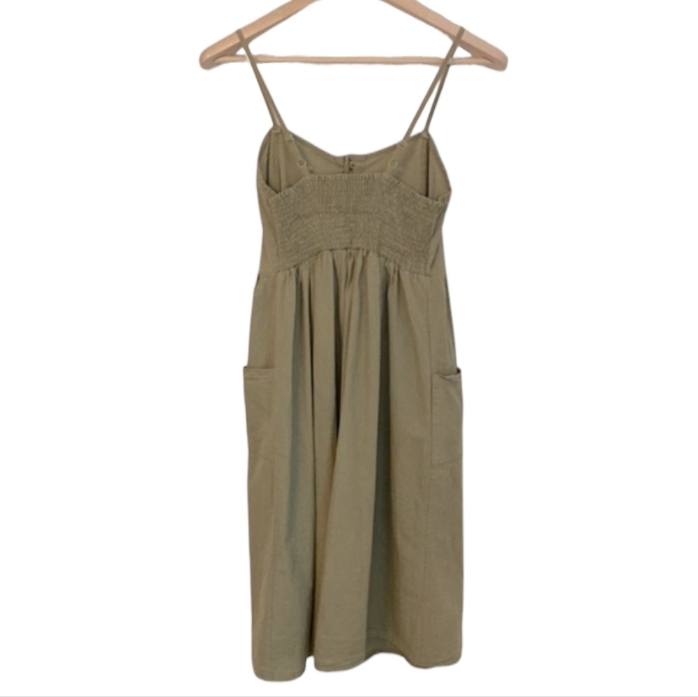 Sage Green Spaghetti Strap A-Line Dress w|brown button accents - Picture 2 of 10